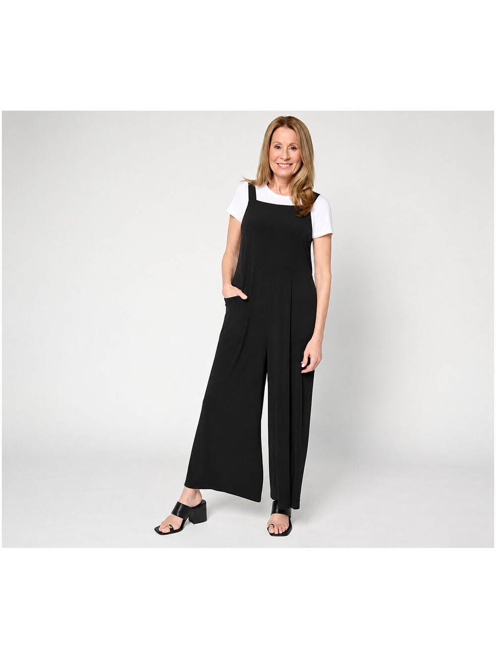 Attitudes by Renee Stretch Como Jersey Overall Set Black, Size Petite Medium